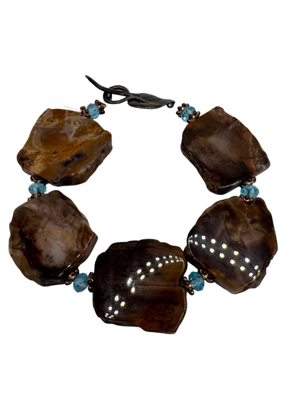 Vtg Petrified Wood Slab Panel Blue Crystal Bracelet Sterling Silver Leaf Clasp - Picture 8 of 11